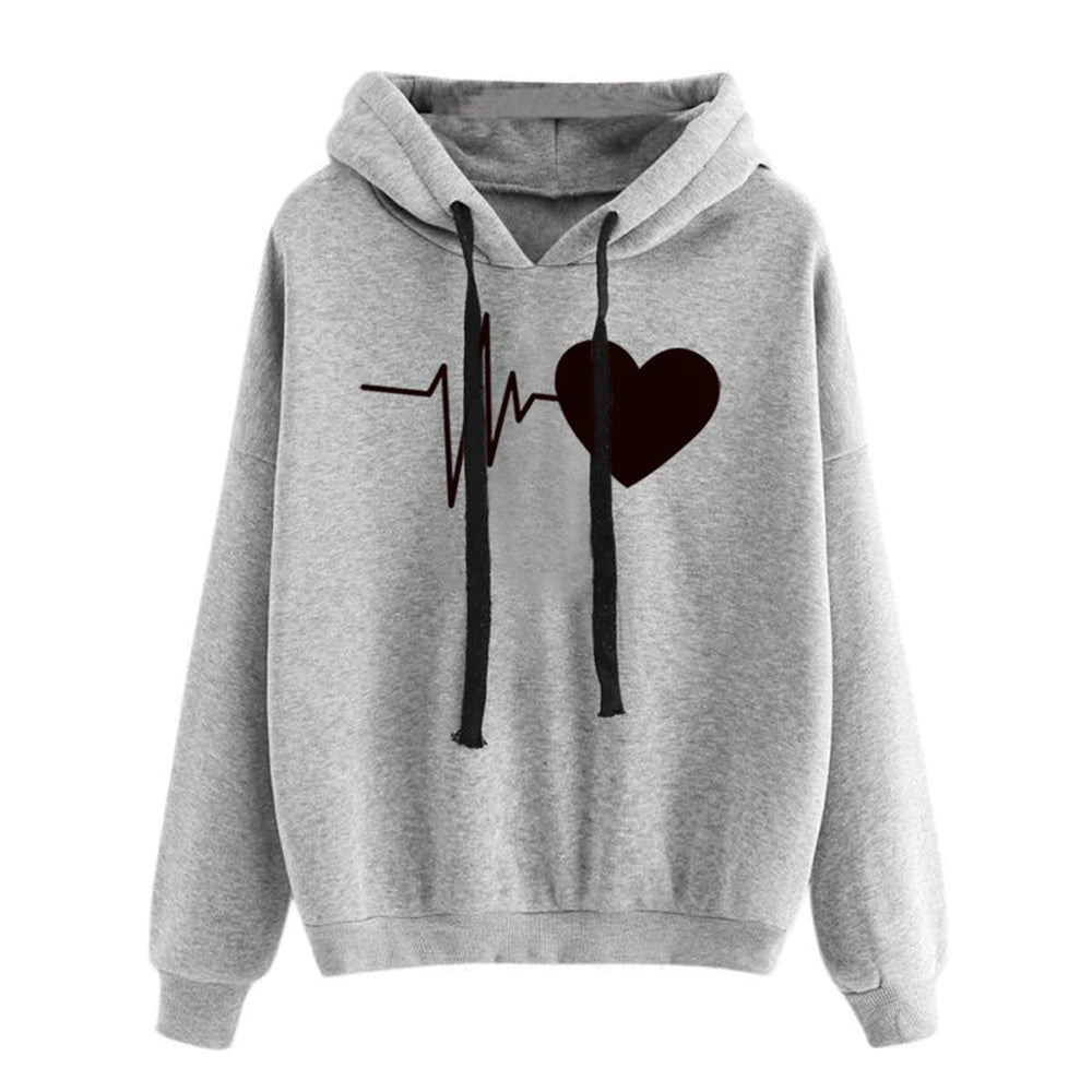 Heart Print Streetwear Hoodies Women Sweatshirt Spring Autumn Long Sleeve Hoodie Clothes gray