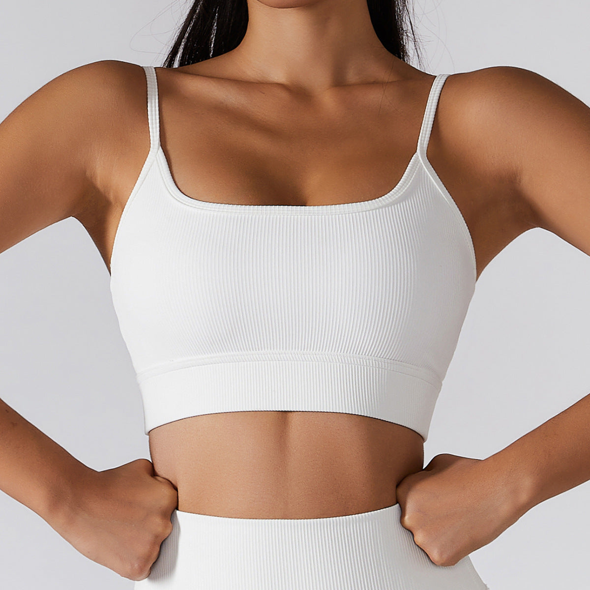Ribbed White Strapped Yoga Bra