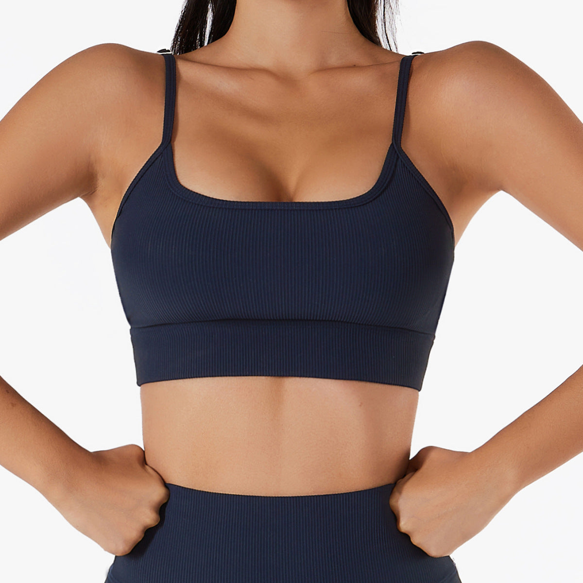 Ribbed Dark Blue Strapped Yoga Bra