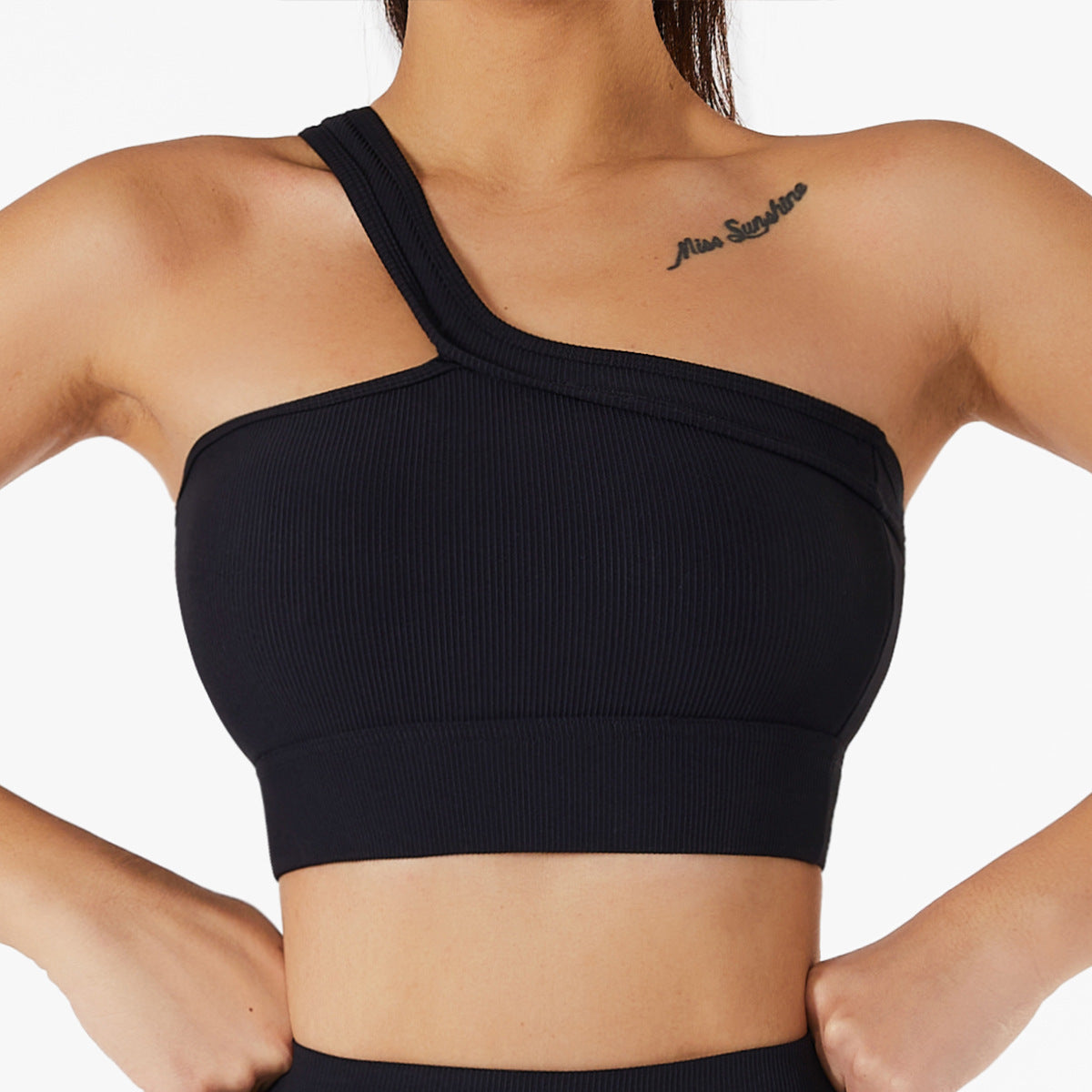 Ribbed One Strap Black Yoga Bra