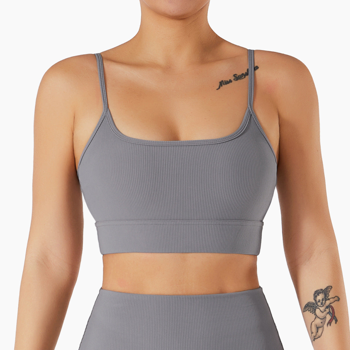 Ribbed Strapped Grey Yoga Bra