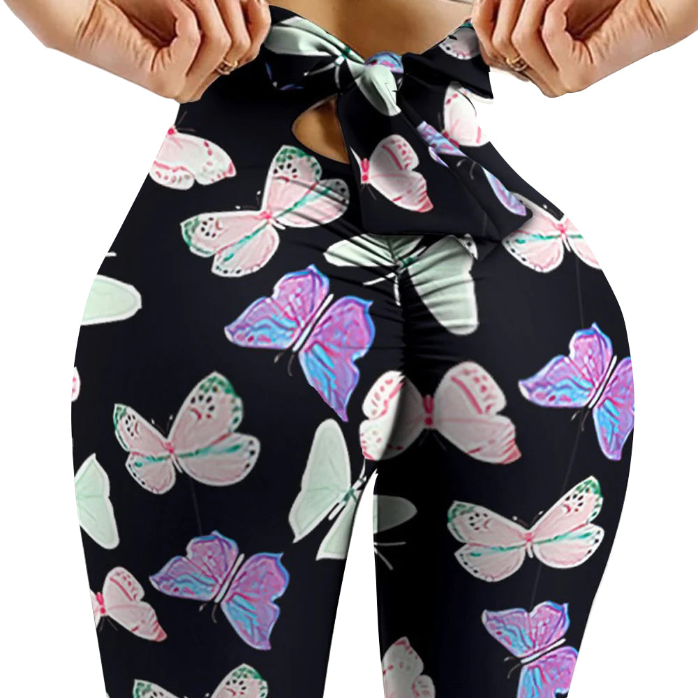 Printed Legging with Bow tie Design High Waist Seamless Yoga Fashion Tights black purple