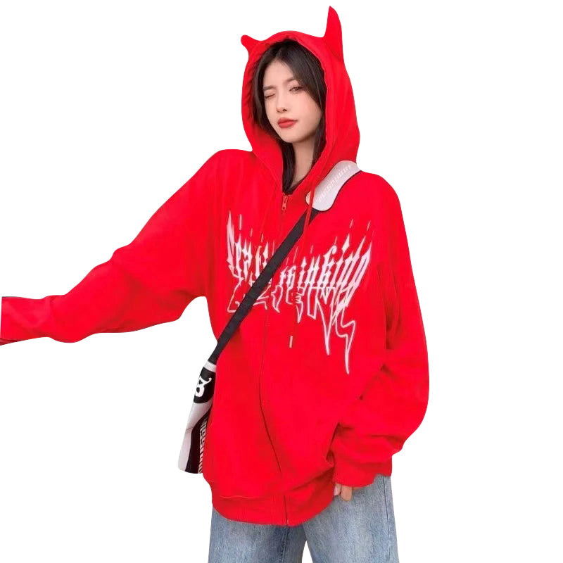 Mid Length Hooded Zip Printed Sweater