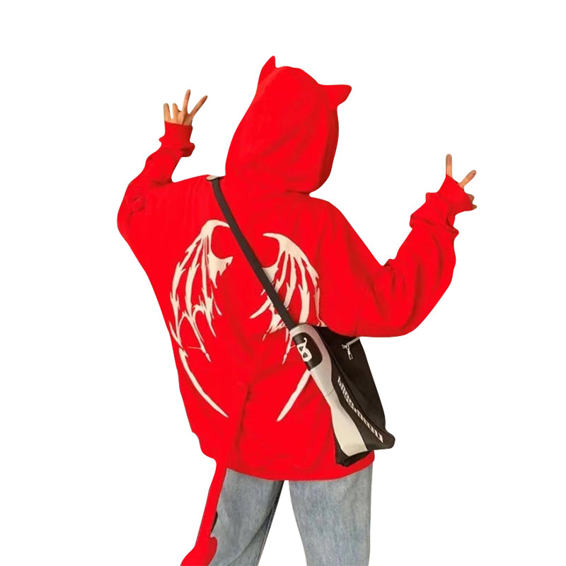 Mid Length Hooded Zip Printed Sweater red